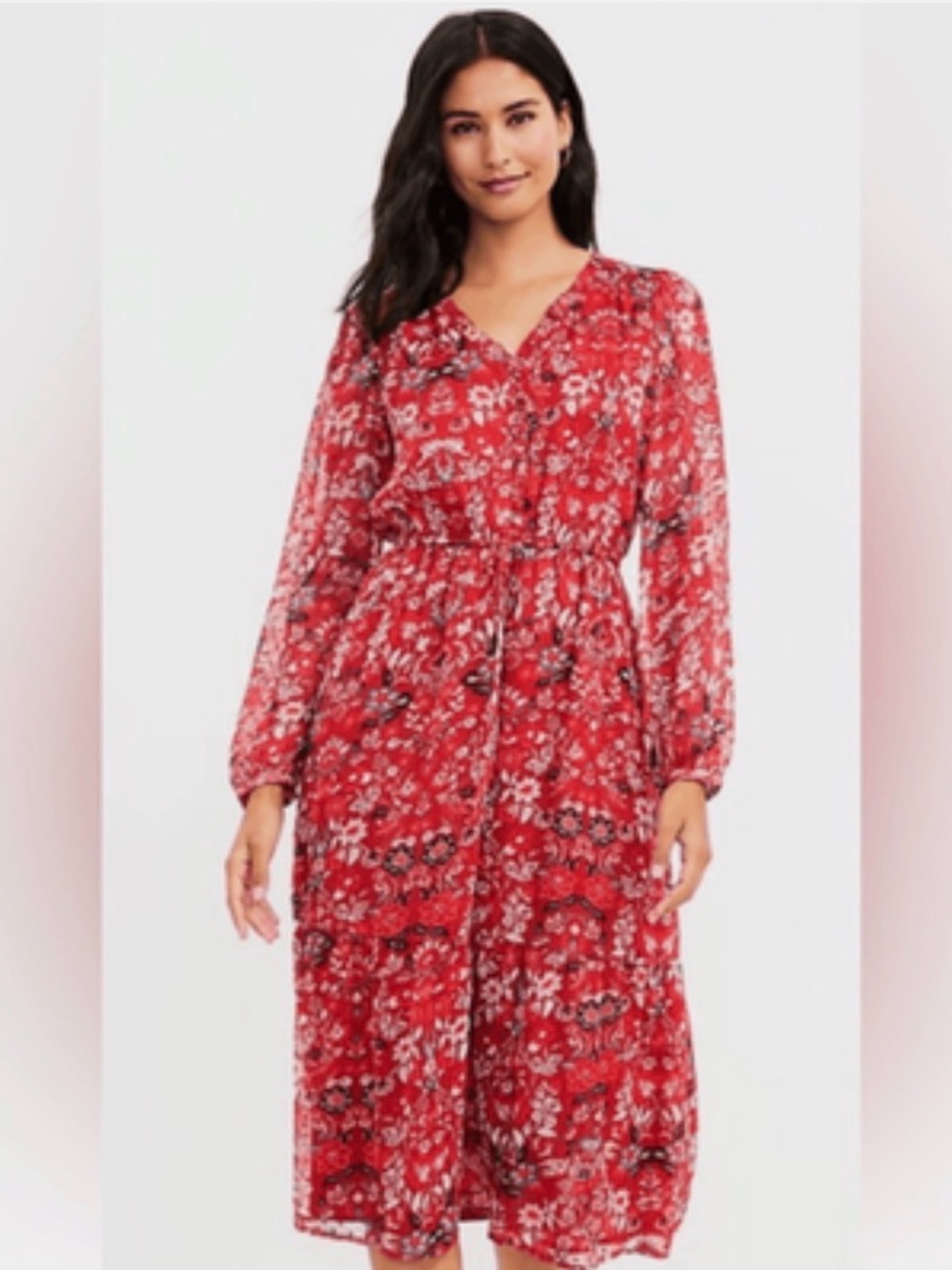LOFT Red Floral Long-Sleeve Midi Dress Large